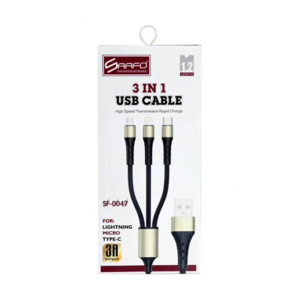 SAAFO 3 IN 1 USB CABLE (LIGHTNING / MICRO / TYPE-C) – 1.2 METER