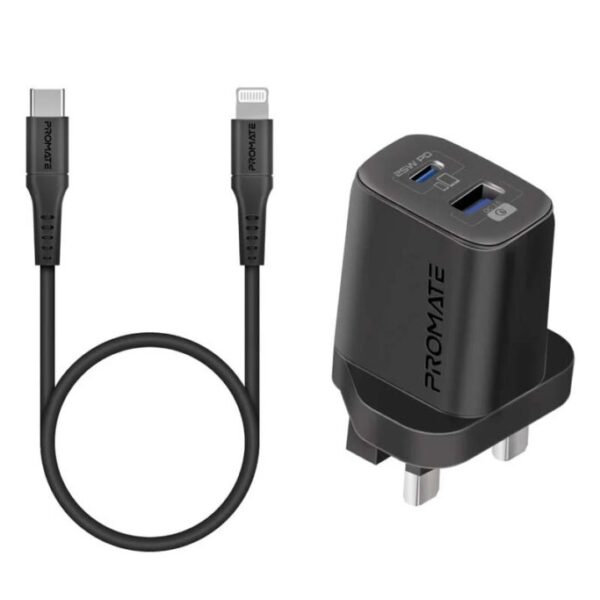 Promate 25W Dual Port With C To Iphone Cable