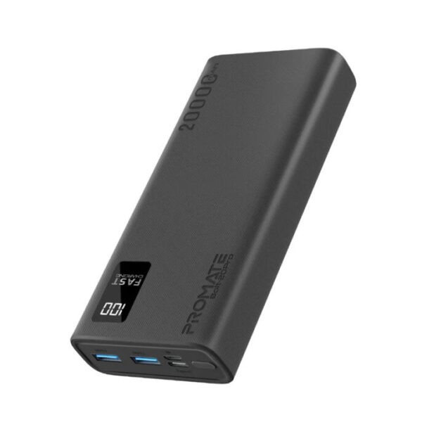 Promate 20000mAh Compact Smart Charging Power Bank with Dual USB-A & USB-C Output